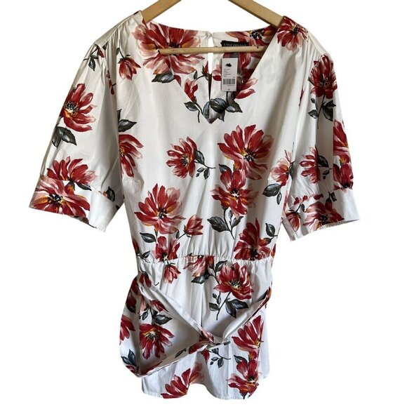New! Lane Bryant White Red Floral Belted Peplum Top V-Neck Cotton Blend Short Sl - Picture 1 of 6